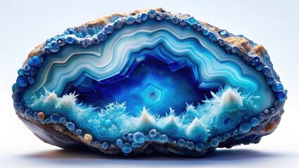Transparent blue agate crystal cluster on white background with intricate patterns and shades of blue, surrounded by subtle dust motes , blue agate, transparent