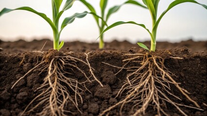 Emerging corn roots in paddy field soil agricultural landscape macro view farming environment