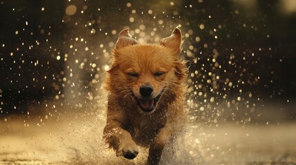 Obraz premium Playful golden retriever puppy joyfully splashing through water at sunset, capturing a moment of pure happiness