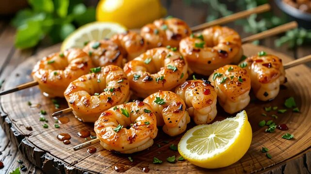 Grilled garlic butter shrimp skewers with fresh herbs and lemon on rustic board