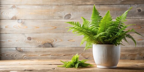 Freshly watered fern in a white ceramic pot with natural wood accents, botanicals