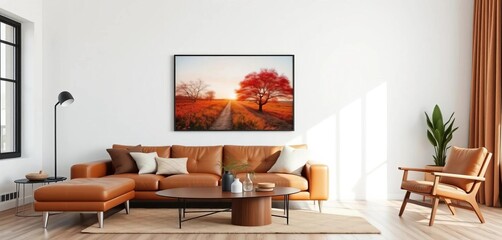 Modern Scandinavian living room with brown leather sofa, artwork mock-up on wall, picture frame, scandi, minimal