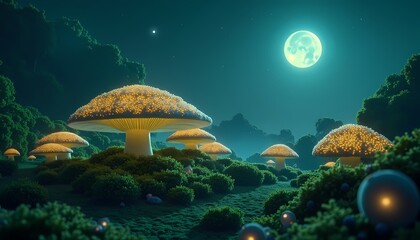 Glowing Mushroom Field at Night with Full Moon