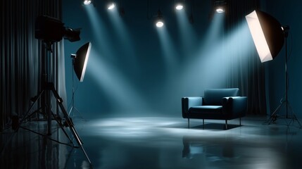 Studio Setting With Dramatic Lighting and Empty Chair Ready for Performance or Photoshoot