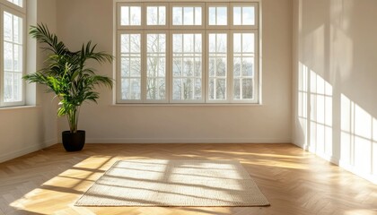 Empty room with large windows, sunlight and beige rug