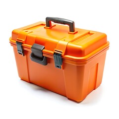An orange plastic storage box or tool box isolated on white background