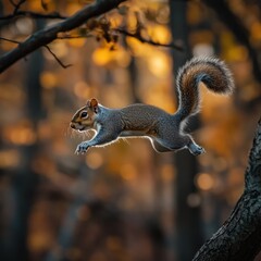 Fototapeta premium Gray squirrel leaps through autumnal forest
