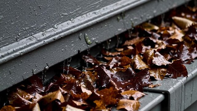 Clogged Rain Gutter Overflowing with Leaves