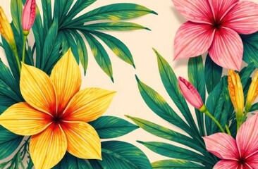 Illustration. Tropical background with flowers and fern leaves.