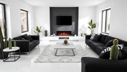 Modern white living room, black furniture, cactus, plants, simple decor, minimalist, interior styling