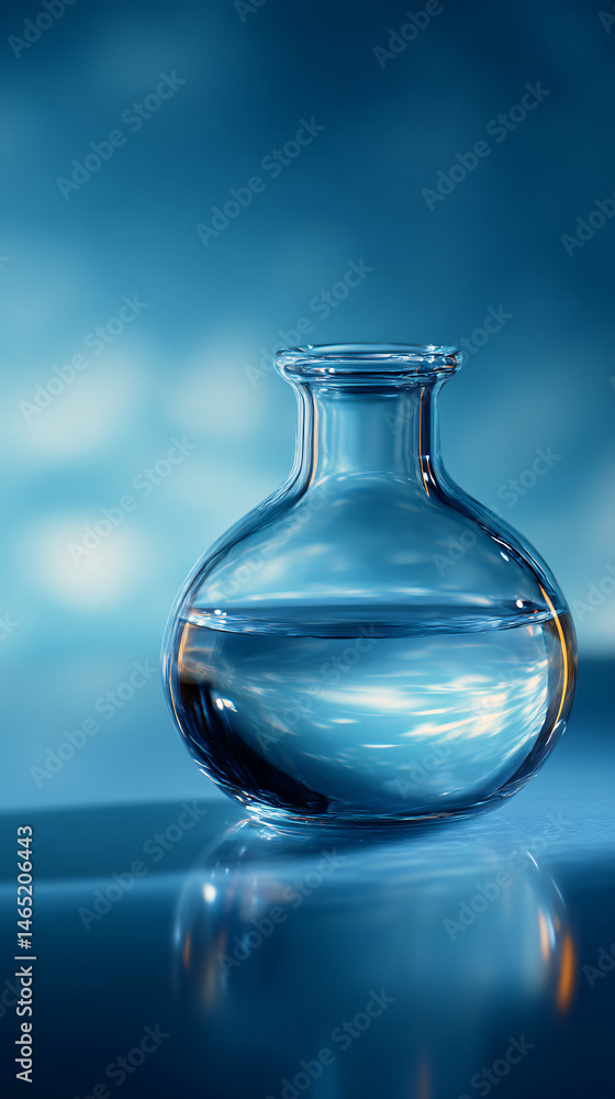 Poster clear round bottom flask on a blue slope background, ideal for science or aesculapian concepts.