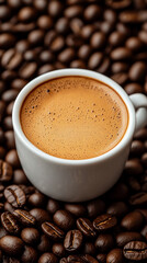 Obraz premium Modern cup of coffee with scattered beans set against a scenic coffee field, offering ample copy space. Symbolizes freshness, origin, and the journey from farm to cup in a minimalist vertical layout. 