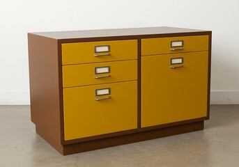 A yellow and brown cabinet with drawers and metal handles against a white wall background indoors