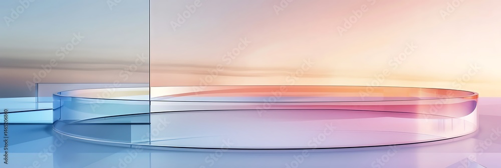 Poster abstract 3d render of a transparent circular pedestal or podium. soft, gradient lighting creates a m