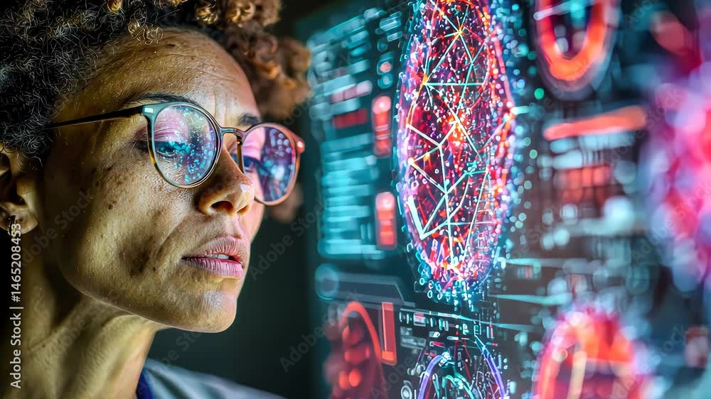 Poster focused female scientist examining a high-tech holographic interface with glowing digital data