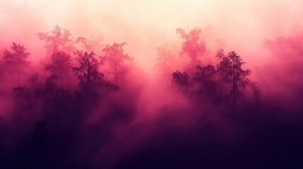 Misty forest scene in vibrant pink and purple hues