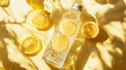 Glass bottle with lemon water drink detox at sunlight on yellow background. Healthy infused water boost metabolism and weight loss. Top view Aesthetic.