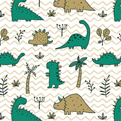 Cute dinosaur vector print for kids. Vector print with cartoon dinosaur. Cute Dino pastel print for party decor. Seamless pattern
