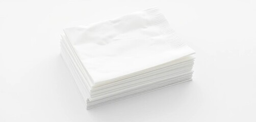 Neat stack of pristine white paper napkins on a pure white background, vertical, tableware