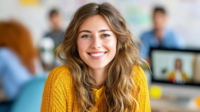 A young woman with wavy hair and a yellow sweater smiles brightly in an indoor office setting, with people and computers blurred in the background.