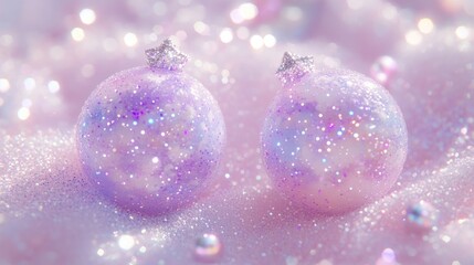 Two delicate, pastel pink ornaments on sparkling, snowy surface.