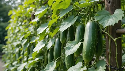 Lush Green Angled Gourds Growing on a Wooden Trellis in a Garden