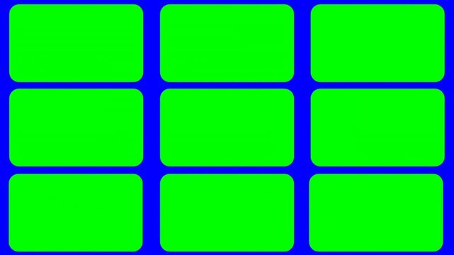 Grid or collage with Green Screen Grid Animation with Nine Rectangle Panels Split Screen Layout Template for Video Editing, Collage Displays, Multi Frame Effects