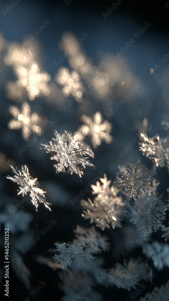 Poster close up of snowflakes falling through soft light, creating a magic atmospheric state