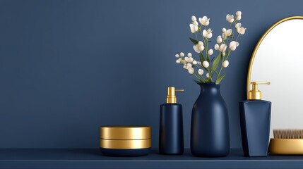 Elegant bathroom shelf featuring navy blue and gold decor with flowers and skincare products