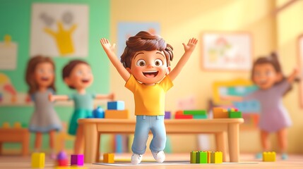 Animated children joyfully leaping in a classroom setting.