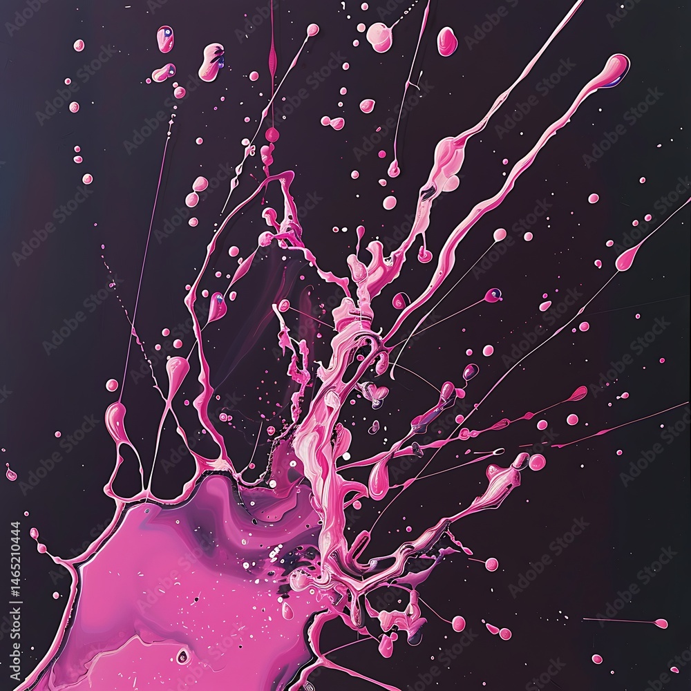 Poster dynamic abstract splash of vibrant pink paint or liquid exploding outwards on a dark background. mod