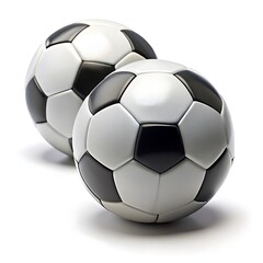 Two soccer balls are positioned side by side against a plain isolated on white background