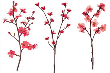 Fototapeta premium Collection of delicate red cherry blossom branches isolated on white background symbolizing spring beauty and floral elegance