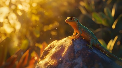 Fototapeta premium Small lizard on a rock illuminated by golden sunlight.