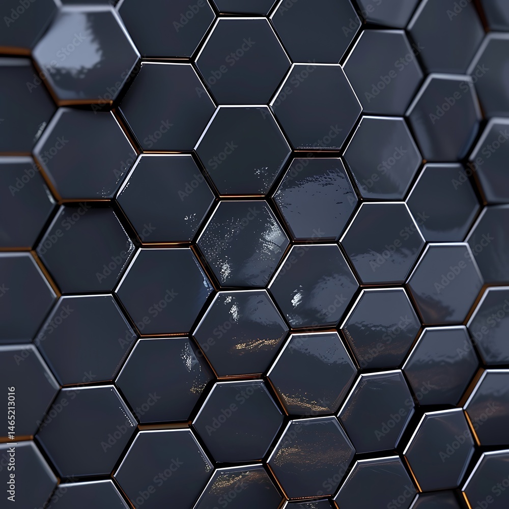Poster close-up of glossy black hexagonal tiles arranged in a honeycomb pattern, with subtle reflections. m