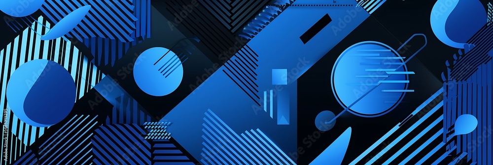 Poster dynamic abstract composition of blue geometric shapes, lines, and patterns on a dark background. mod