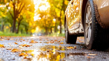 Driving Car on Autumn Road with Fallen Leaves and Wet Surface