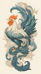 Obraz premium Majestic Rooster Illustration: A regal rooster stands proud with a majestic blue tail plumage and crimson crest, set against a soft vintage background.