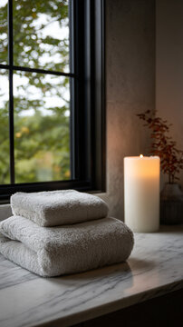 Cozy bathroom design angstrom unit minimalist bathroom with light lines, candles, and fluffy towels by a window.