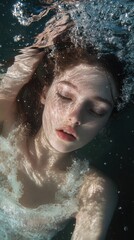 Fototapeta premium Woman floats in underwater ethereal scene with sunlight dancing on her skin, freckles, and lace dress, eyes closed.