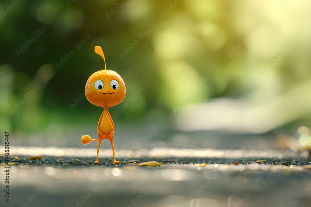 Poster 3d rendering of a cartoon orange character standing on a forest road with shallow depth of field