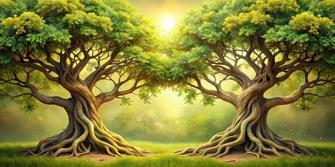 Fototapeta premium Two ancient trees with gnarled trunks and twisted branches intertwined, their foliage a mix of leaves and blossoms in shades of green and gold , natural beauty, branches