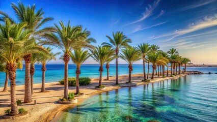 Obraz premium Tranquil resort paradise at the Red Sea shore with majestic palm trees swaying gently in the ocean breeze, paradise