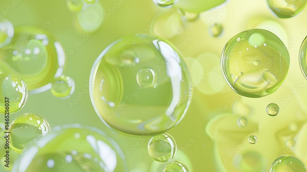 Poster abstract macro shot of vibrant, translucent green bubbles or spheres floating with soft, diffused li