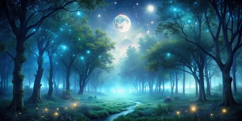 Obraz premium Enchanted Forest at Night, moonlight, glowing mist