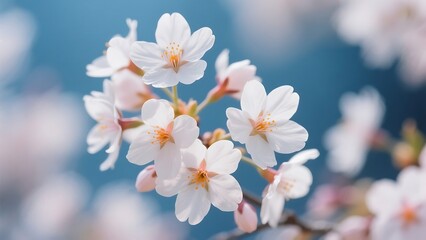 Fototapeta premium Delicate white flowers soft petals orange centers blue background ethereal atmosphere close-up macro photography