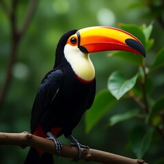 Fototapeta premium Vibrant toucan large orange beak black and white plum