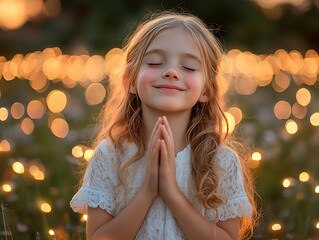 Serene girl praying amidst lights