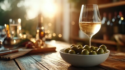 A beautifully arranged still life scene featuring a glass of white wine alongside a bowl of green olives, capturing the essence of relaxation and indulgence.