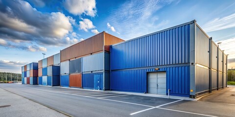 Naklejka premium Industrial wearhouse with large storage containers at Town Quay in Hudiksvall, warehouses